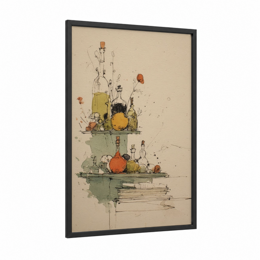 Apothecary Collection framed herbs and spices print — black wood frame — beige and sage green palette