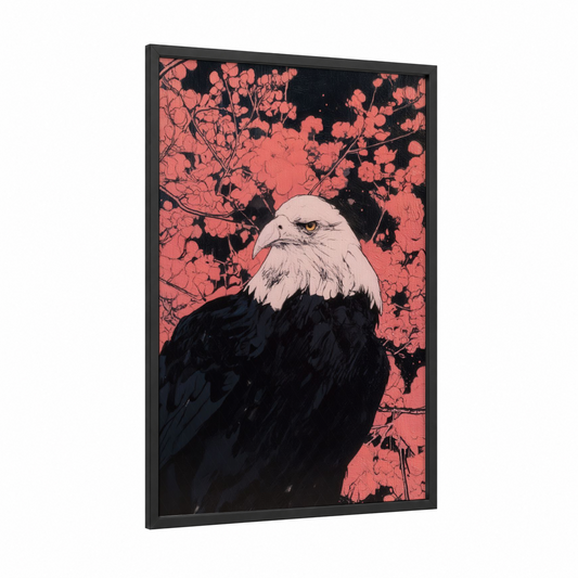 Coral Eagle Portrait framed art print — black wood frame — salmon pink and black palette