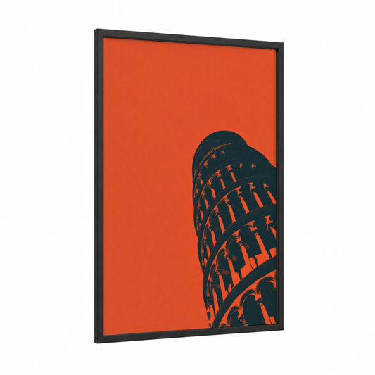 Iconic Tower Silhouette framed leaning tower of pisa print — black wood frame — orange and black palette