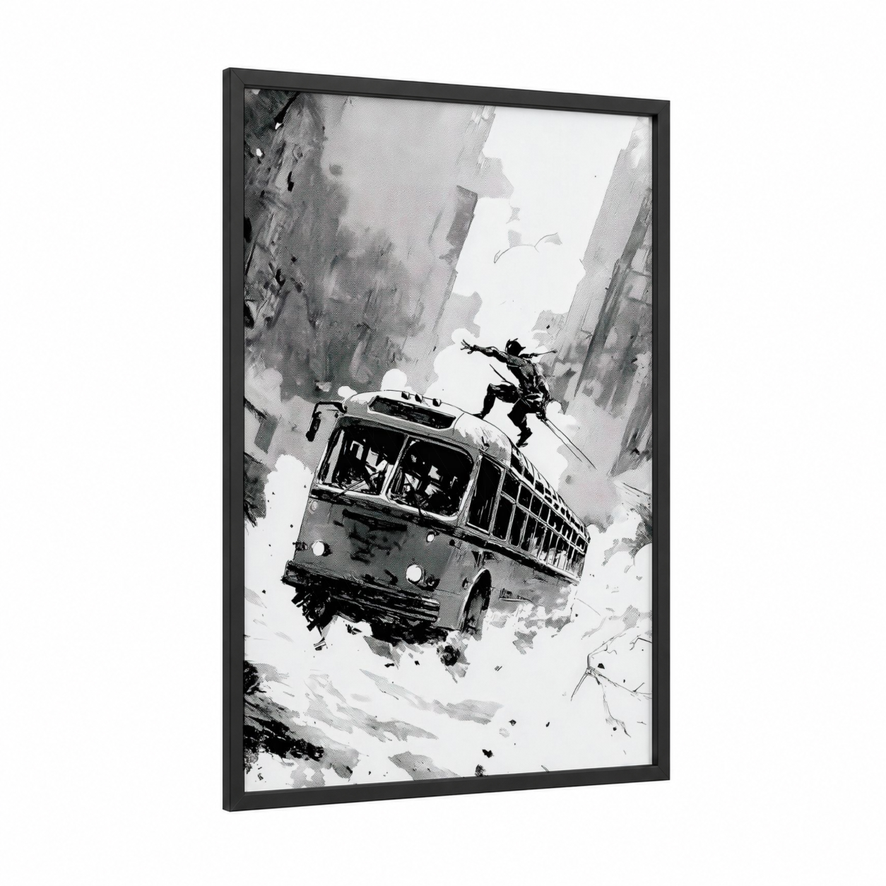 Urban Bus Flight framed art print — black wood frame — black and white and gray palette