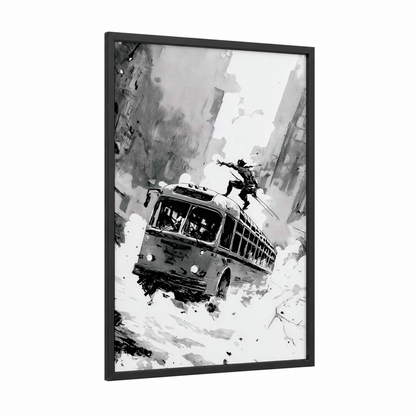 Urban Bus Flight framed art print — black wood frame — black and white and gray palette