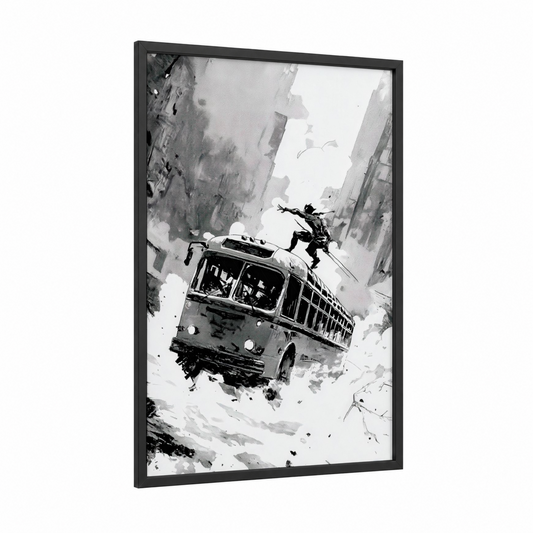 Urban Bus Flight framed art print — black wood frame — black and white and gray palette