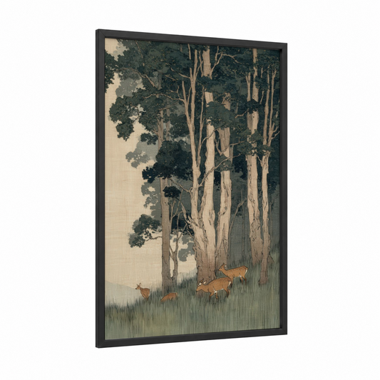 Grazing Deer Forest framed banyan tree print — black wood frame — sage green and cream palette