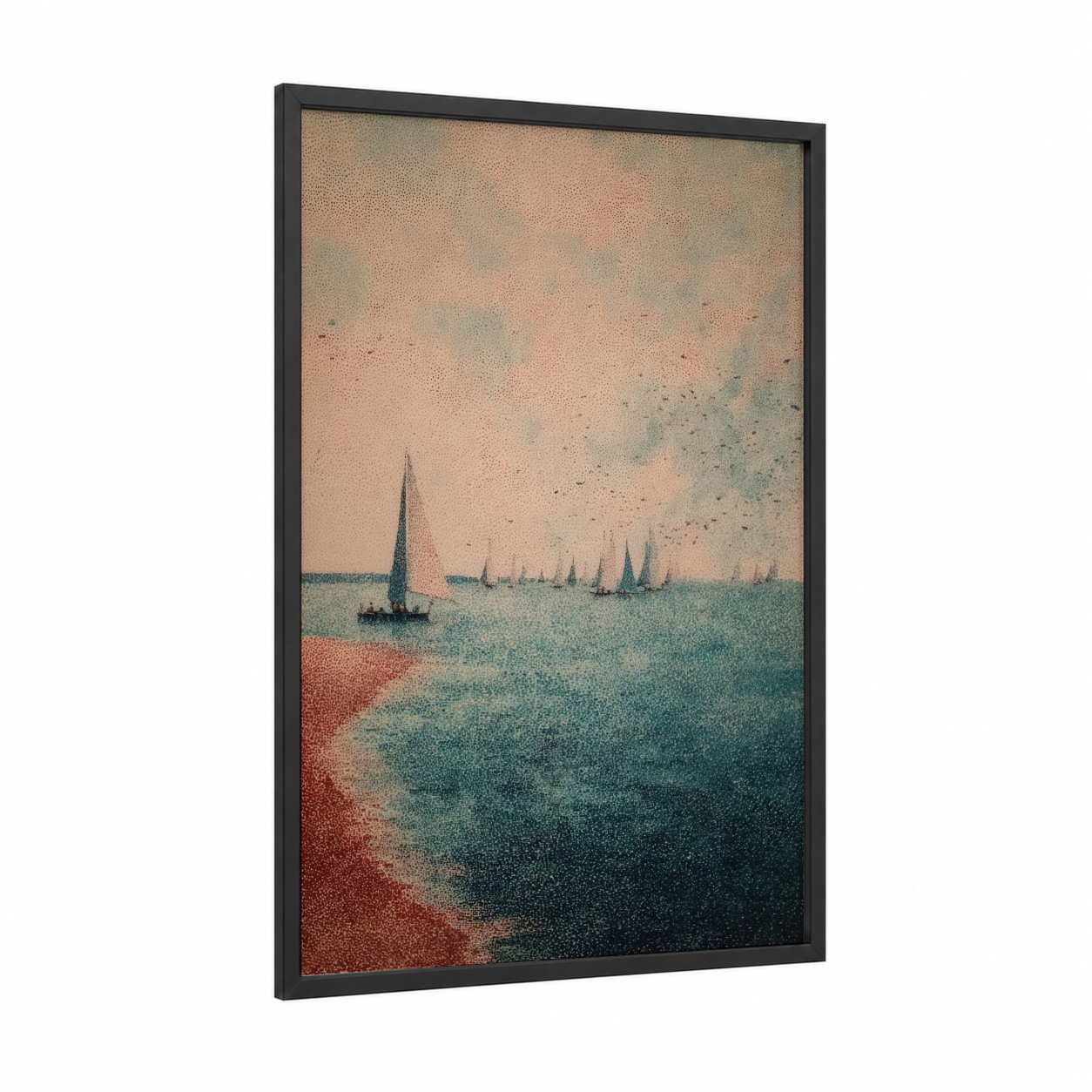 Regatta Dawn framed sailing ship print — black wood frame — peach and teal palette