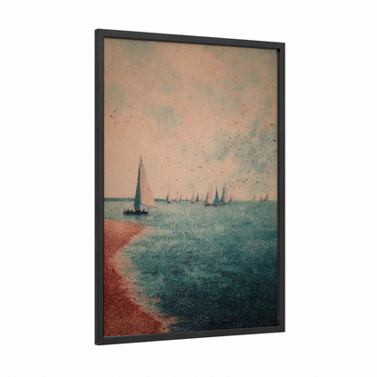 Regatta Dawn framed sailing ship print — black wood frame — peach and teal palette