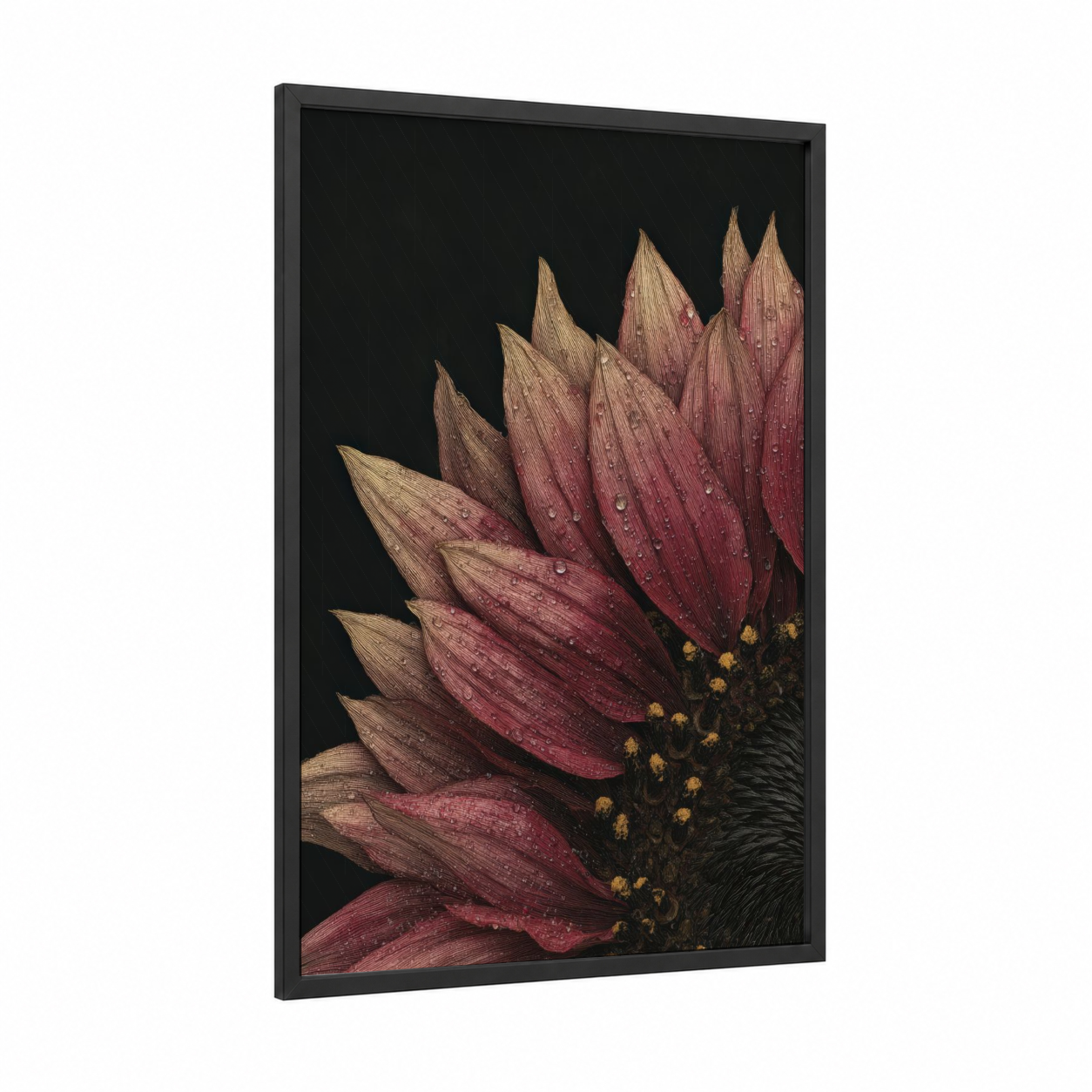 Burgundy Sunflower framed art print — black wood frame — maroon and gold palette