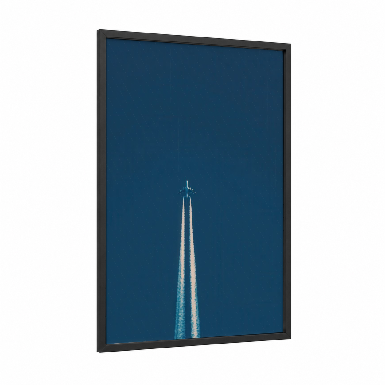 Skyward Jet framed private jet print — black wood frame — dark blue and white palette