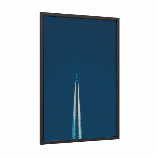 Skyward Jet framed private jet print — black wood frame — dark blue and white palette