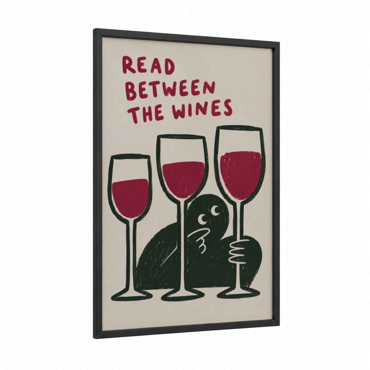 Read Between The Wines Humorous Wall Art framed reading print — black wood frame — red and black palette
