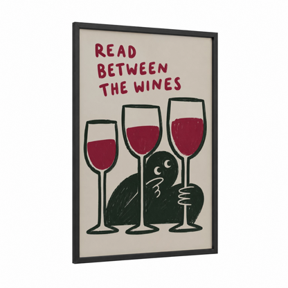 Read Between The Wines Humorous Wall Art framed reading print — black wood frame — red and black palette