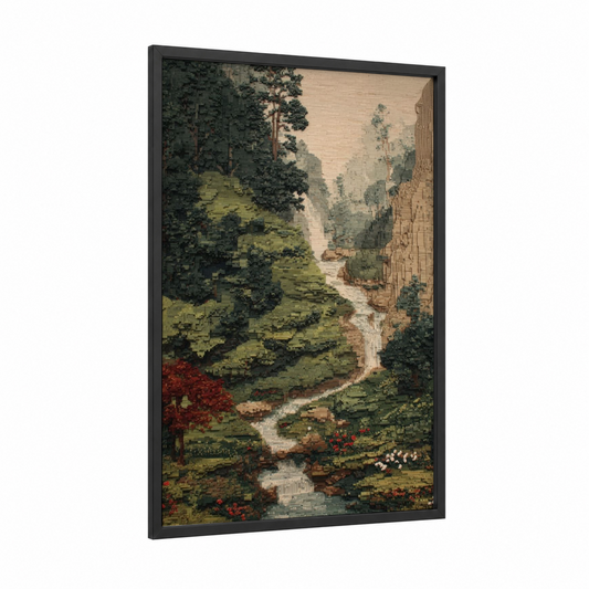 Mountain Cascade framed waterfall print — black wood frame — dark green and cream palette
