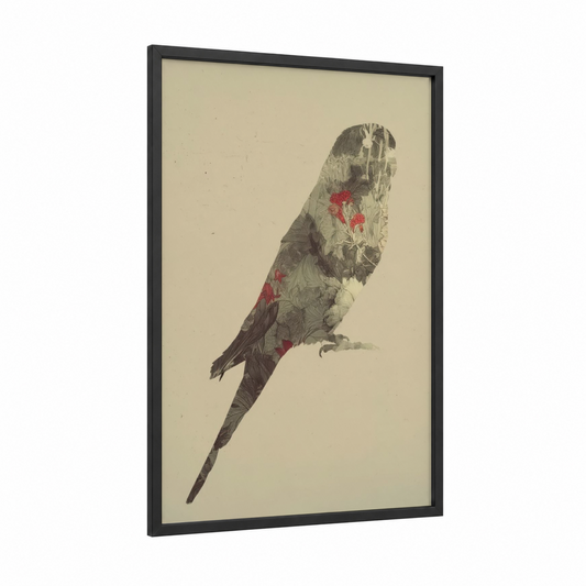 Floral Budgerigar framed budgeridar print — black wood frame — beige and maroon palette