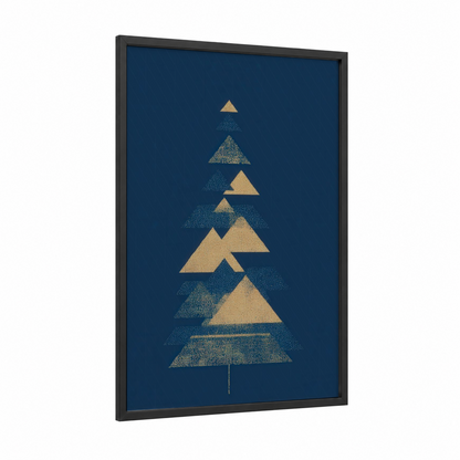 Golden Christmas Tree framed art print — black wood frame — yellow gold and dark blue palette