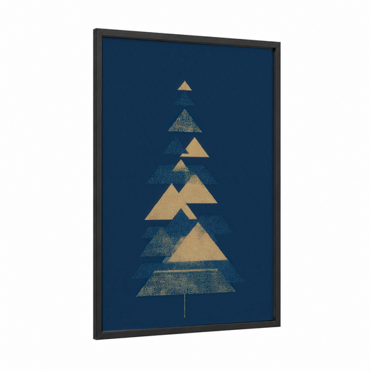 Golden Christmas Tree framed art print — black wood frame — yellow gold and dark blue palette