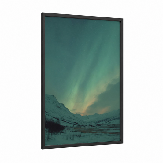 Alpine Aurora framed winter print — black wood frame — turquoise and light green palette