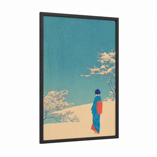 Serene Kimono Wanderer framed retro fashion print — black wood frame — turquoise and gold palette