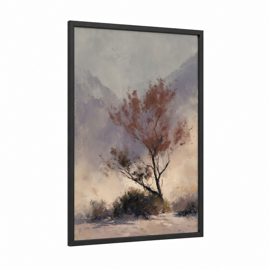 Misty Desert Tree framed savanna and desert trees print — black wood frame — gray and russet palette
