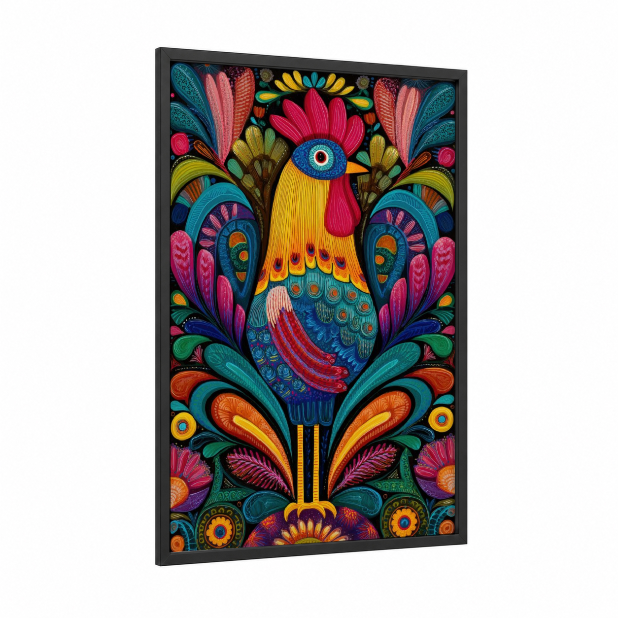 Ornamental Rooster framed chicken and roosters print — black wood frame — magenta and teal palette