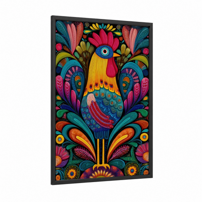 Ornamental Rooster framed chicken and roosters print — black wood frame — magenta and teal palette