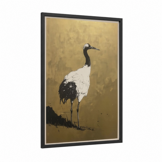 Elegant Crane Portrait framed art print — black wood frame — gold and black and white palette