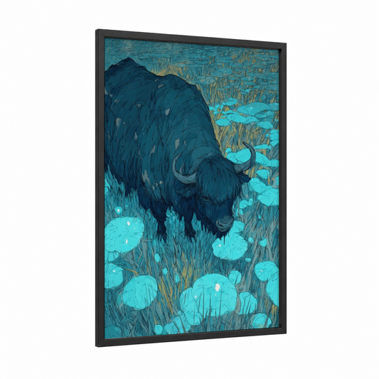 Highland Yak Meadow framed art print — black wood frame — dark blue and turquoise palette