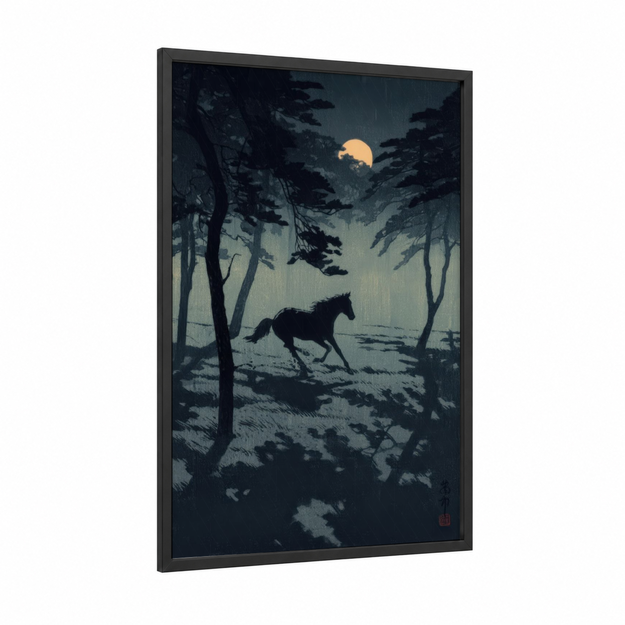 Moonlit Horse framed miniature horse print — black wood frame — dark blue and gold palette