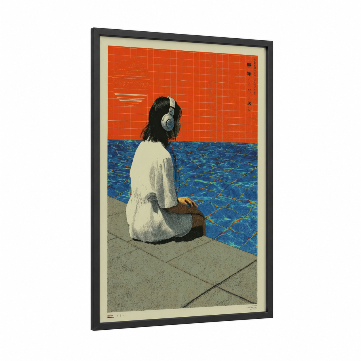 Poolside Listener framed japanese y2k print — black wood frame — red and blue palette