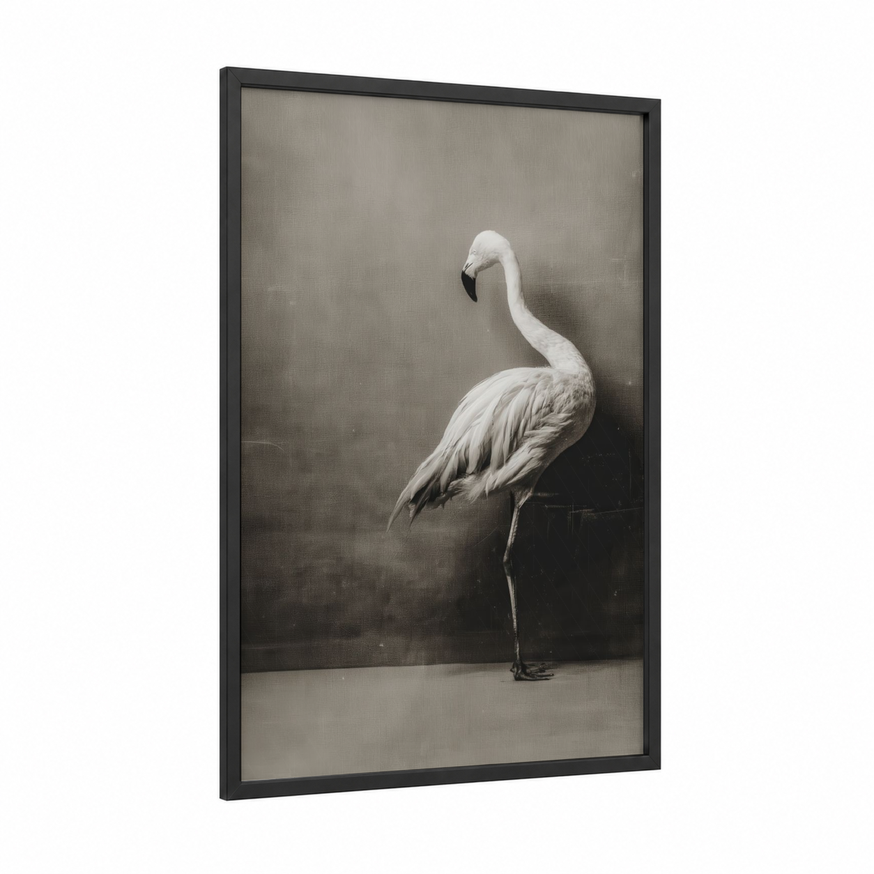 Elegant Crane Profile framed flamingo print — black wood frame — black and white and gray palette