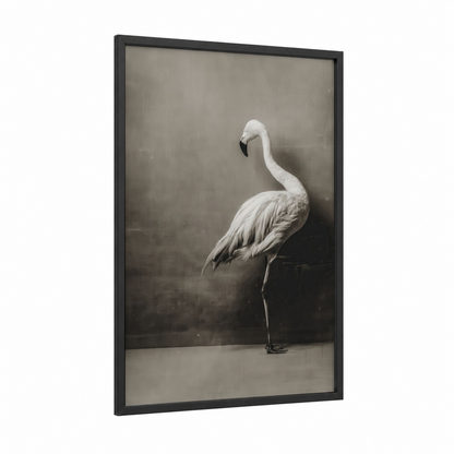 Elegant Crane Profile framed flamingo print — black wood frame — black and white and gray palette