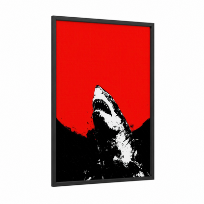 Crimson Apex framed great white shark print — black wood frame — red and black and white palette