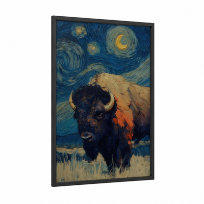 Starry Bison framed art print — black wood frame — blue and gold palette