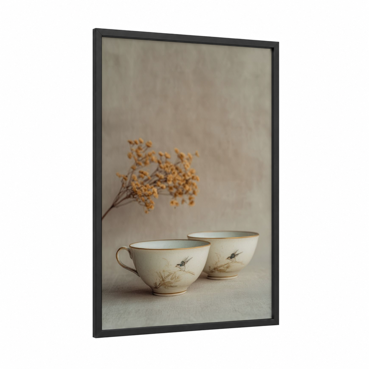 Minimalist Pottery Bowls framed art print — black wood frame — beige and gold palette