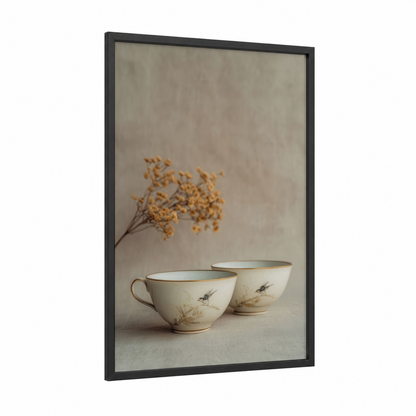 Minimalist Pottery Bowls framed art print — black wood frame — beige and gold palette