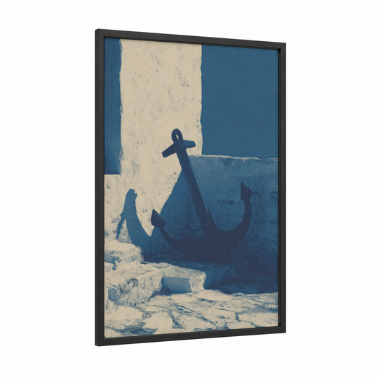 Coastal Anchor Shadow framed art print — black wood frame — blue and white and cream palette