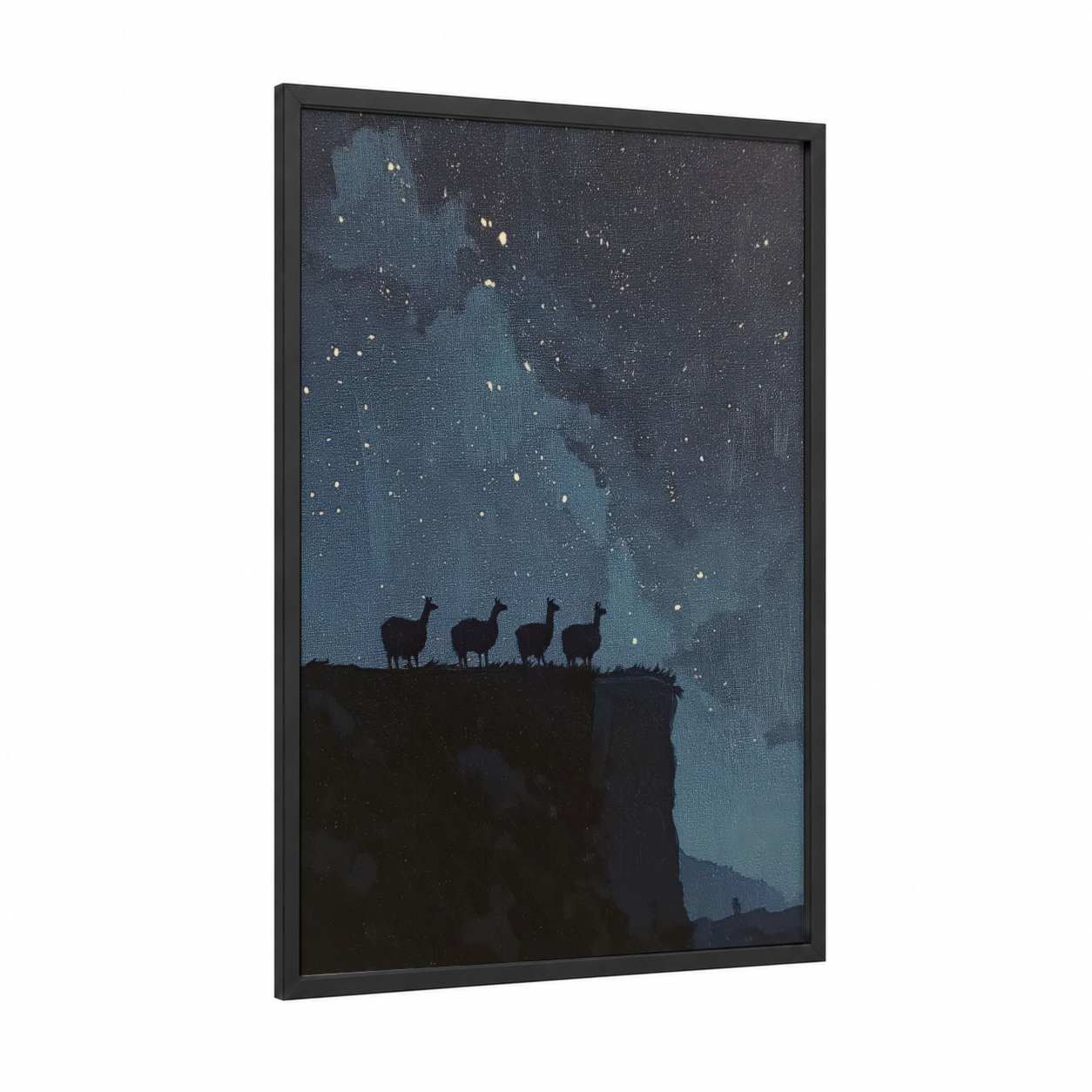 Starlit Alpacas framed art print — black wood frame — dark blue and blue and white palette