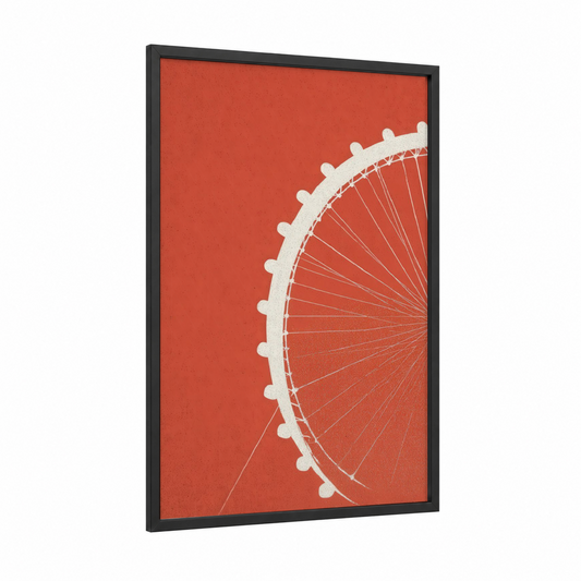 Crimson London Eye framed art print — black wood frame — red and white palette