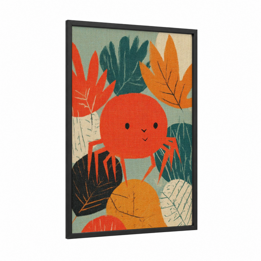 Cheerful Halloween Crab framed art print — black wood frame — orange and teal palette