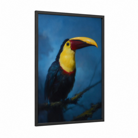 Toucan Portrait framed art print — black wood frame — blue and gold palette