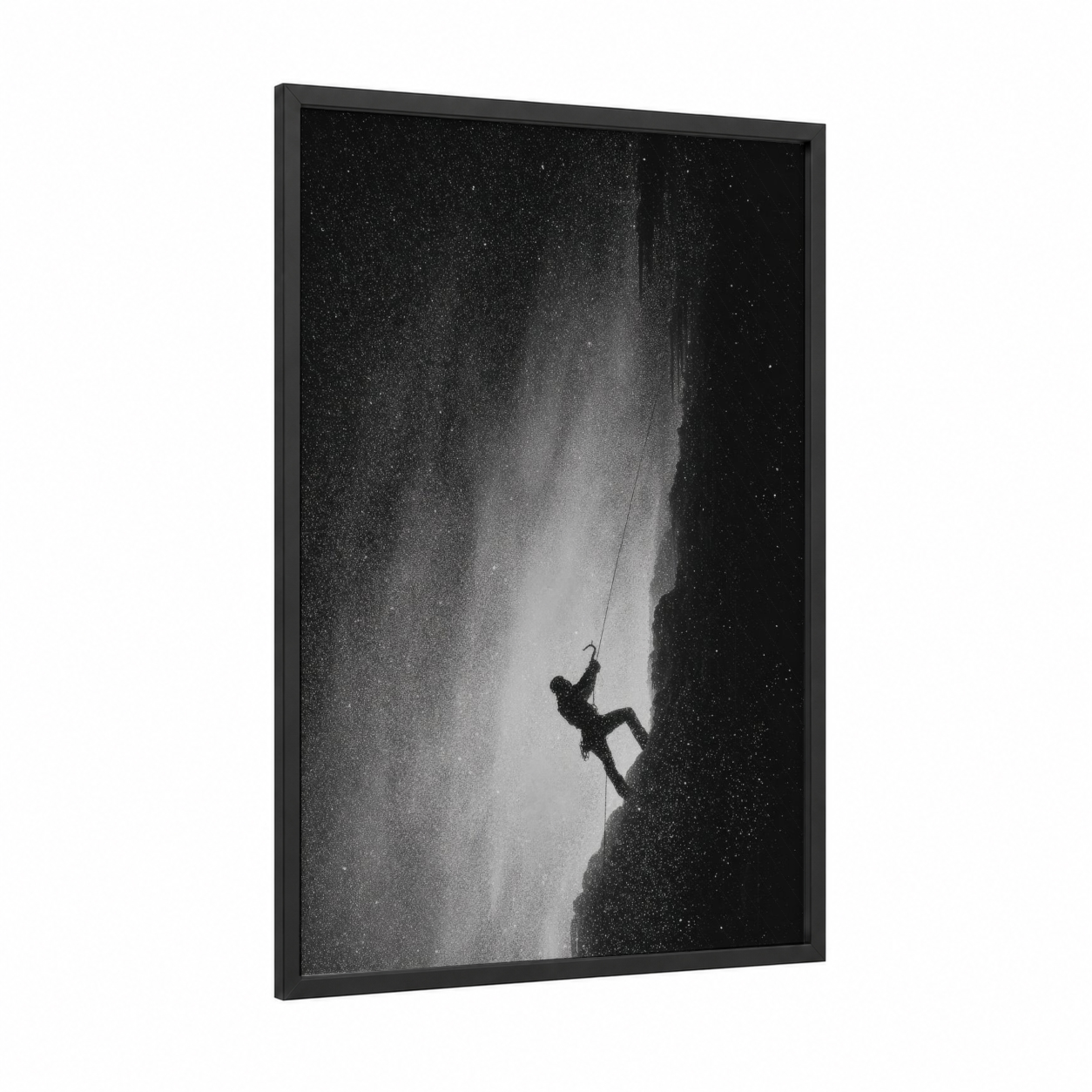 Frozen Ascent framed ice climbing print — black wood frame — black and white and gray palette