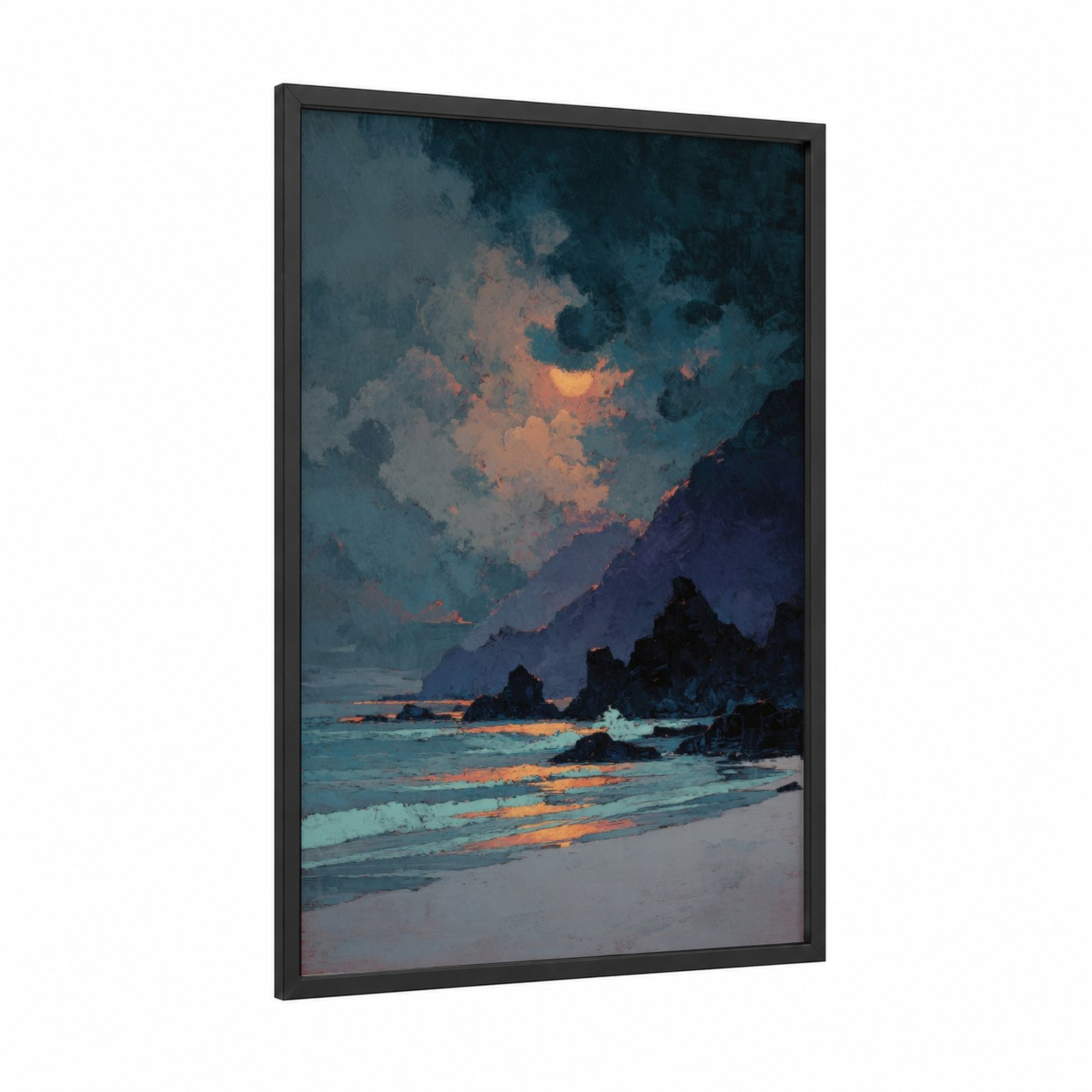 Coastal Sunset Drama framed sandy beach print — black wood frame — dark blue and orange palette