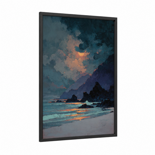 Coastal Sunset Drama framed sandy beach print — black wood frame — dark blue and orange palette