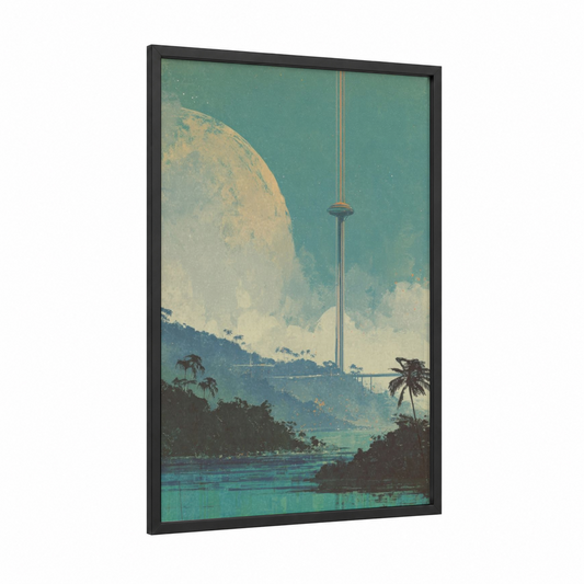 Lunar Dystopia framed sci-fi print — black wood frame — teal and gold palette