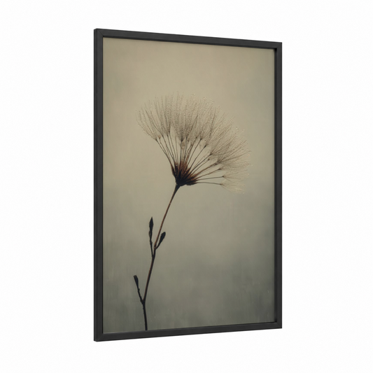 Delicate Dandelion framed art print — black wood frame — cream and gray palette