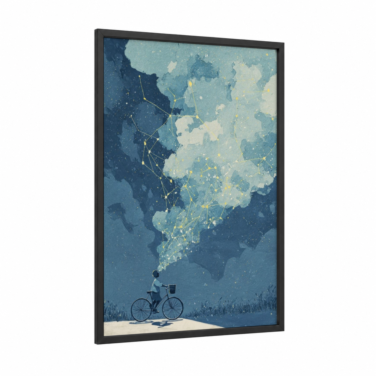 Starry Cyclist framed urban bicycle print — black wood frame — dark blue and gold and white palette