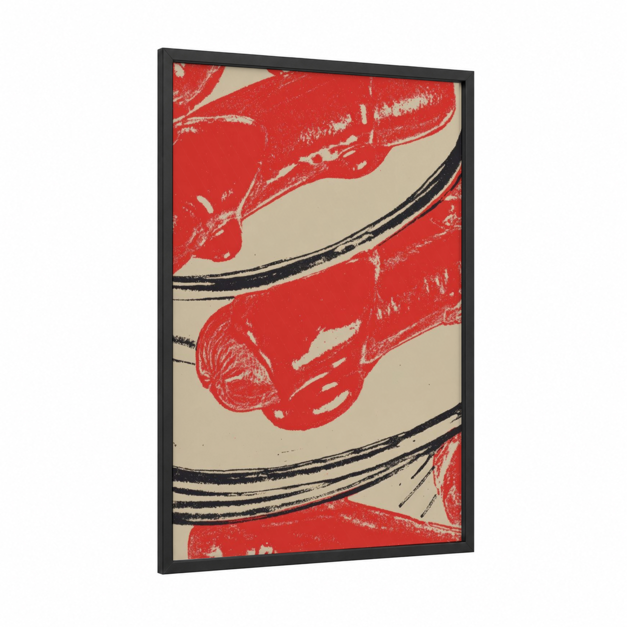 Red Lobster Claws framed condiments print — black wood frame — red and cream palette
