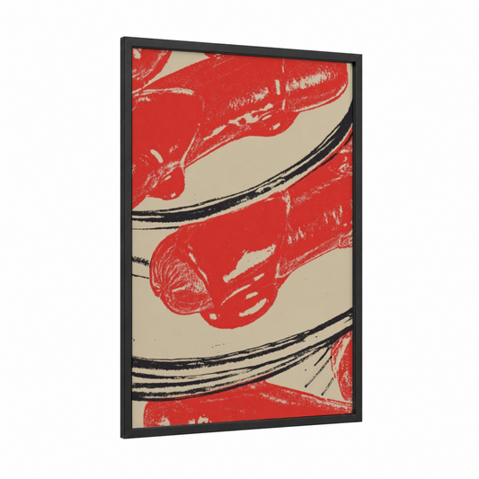 Red Lobster Claws framed condiments print — black wood frame — red and cream palette