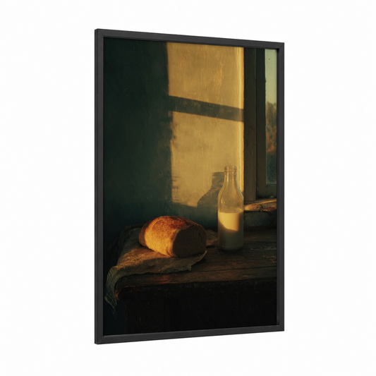 Golden Hour Milk framed art print — black wood frame — gold and dark green palette