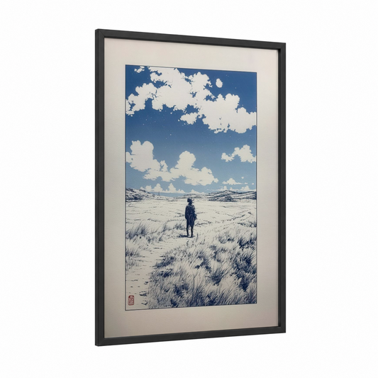 Solitary Wanderer framed various landscapes print — black wood frame — blue and white palette