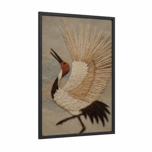 Embroidered Crane framed knitting and sewing print — black wood frame — cream and brown palette
