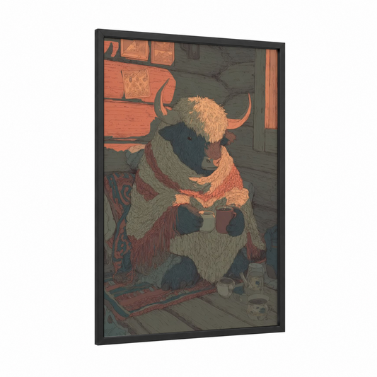 Cozy Yak framed art print — black wood frame — russet and sage green palette